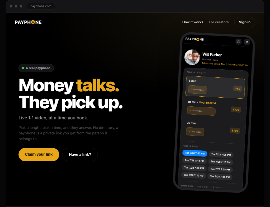Direction D, product hero with a real booking screen