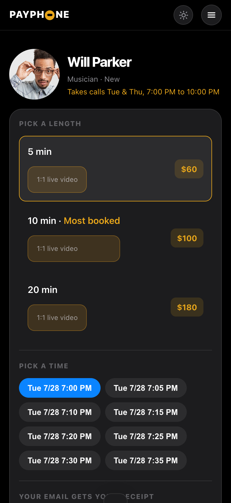 A real Pay Phone booking page with prices and times